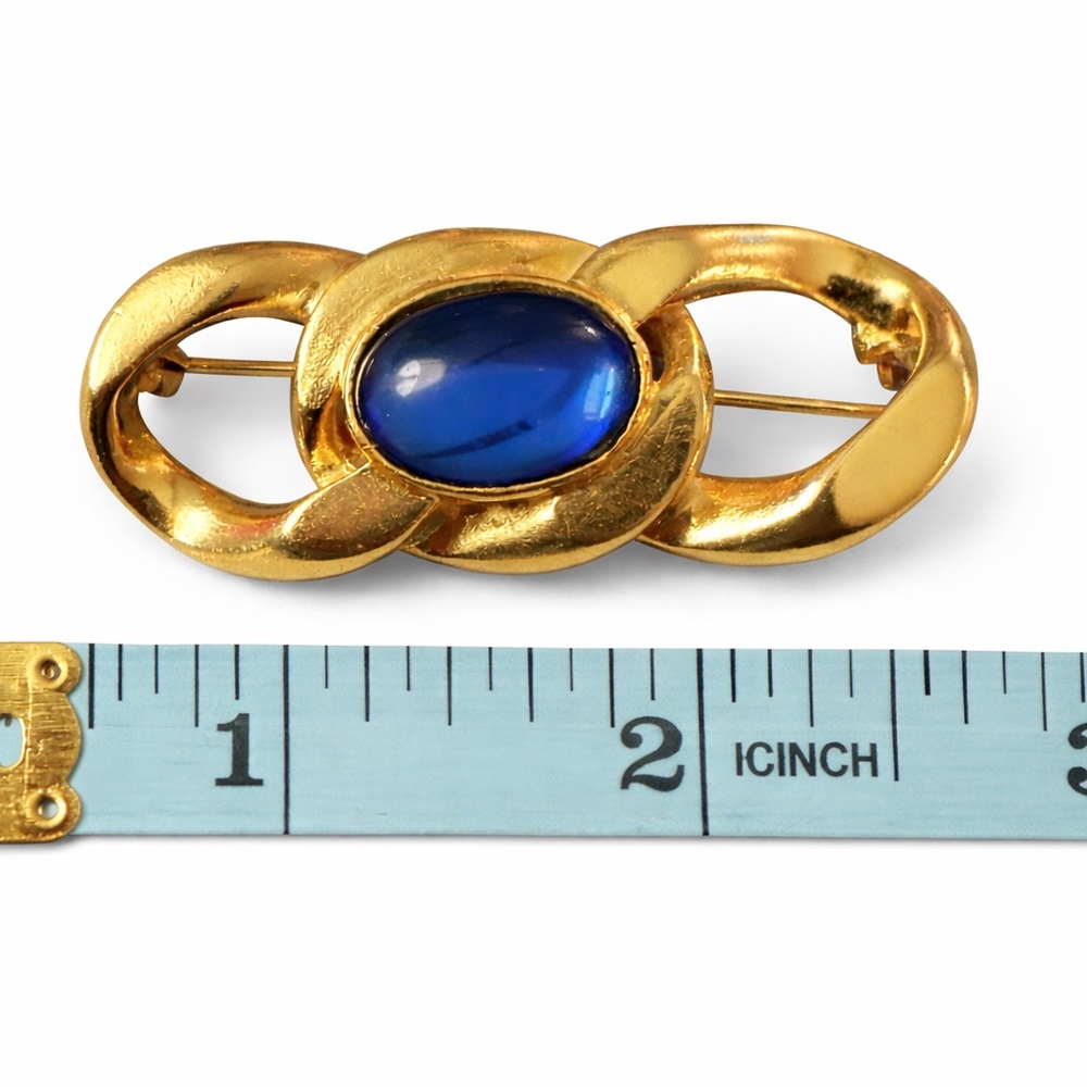 Vintage Gold Chain Link Brooch Blue Cabochon Statement Pin - Picture 5 of 5